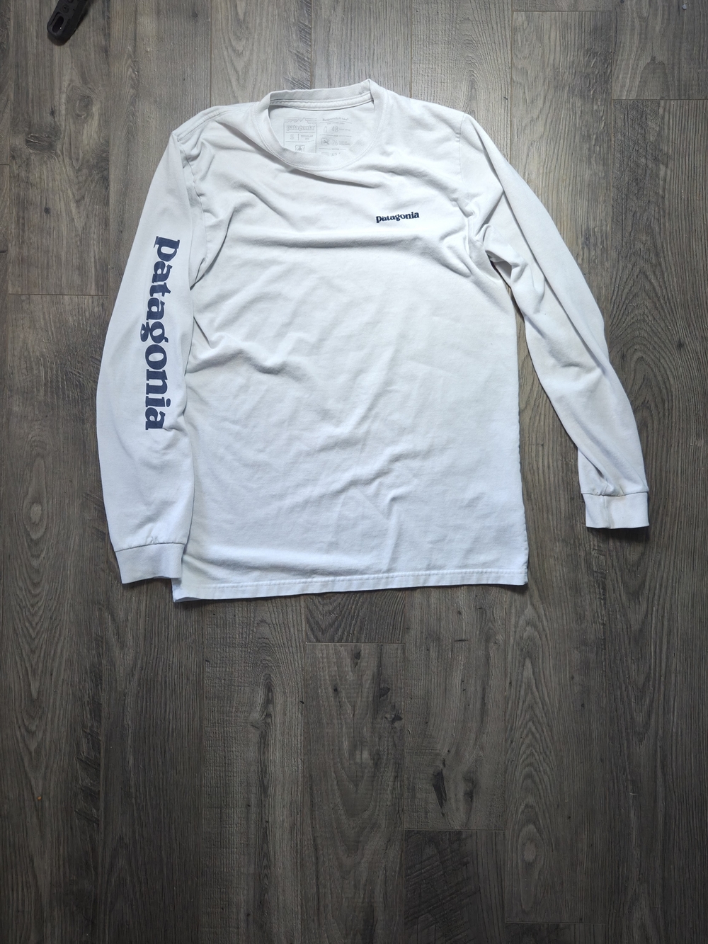 Patagonia White Long-Sleeve Logo Tee with Navy Sleeve Script